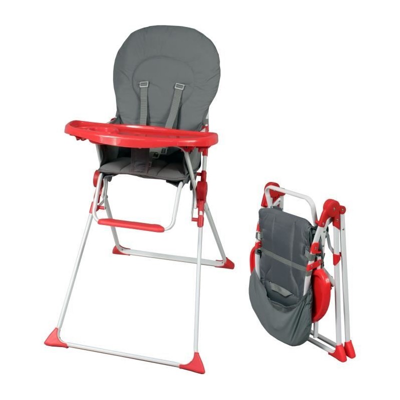 Chaise haute fixe BAMBISOL - Des 6 mois - Mixte - Gris et rouge - Assise en PVC - Tablette amovible et réglable