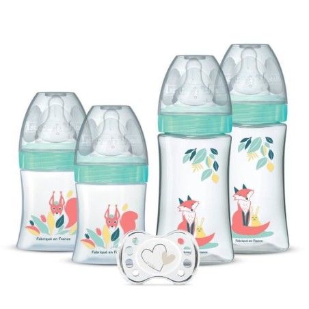DODIE Set mit 4 Geburtsflaschen, rundem Anti-Kolik-Sauger (2x150 ml und 2x270 ml), + einem Geburtsschnuller