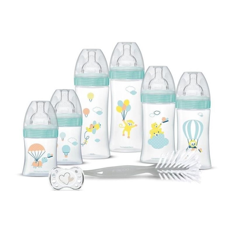 Dodie Birth Kit - 6 Anti-Colic Bottles, Flat Teats, 1 Anatomical Pacifier 0-2 Months, 1 Bottle Brush - BPA Free - Pink