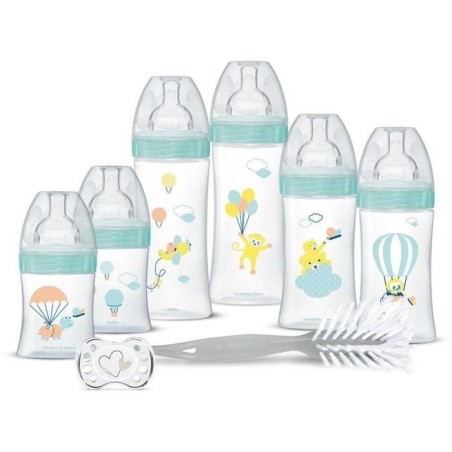 Dodie Geburtsset – 6 Anti-Kolik-Flaschen, flache Sauger, 1 anatomischer Schnuller 0–2 Monate, 1 Flaschenbürste – BPA-frei