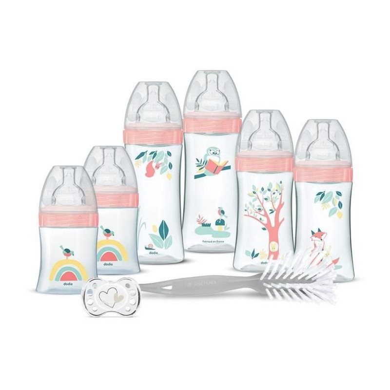 Dodie Birth Kit - 6 Anti-Colic Bottles, Flat Teats, 1 Anatomical Pacifier 0-2 Months, 1 Bottle Brush - BPA Free - Green