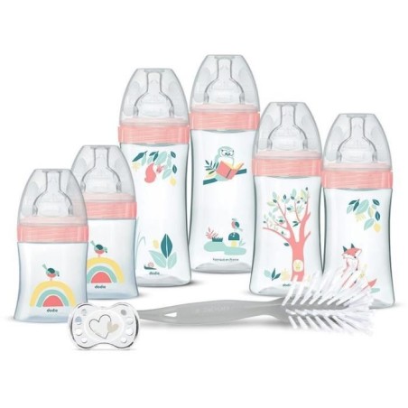 Dodie Geburtsset – 6 Anti-Kolik-Flaschen, flache Sauger, 1 anatomischer Schnuller 0–2 Monate, 1 Flaschenbürste – BPA-frei