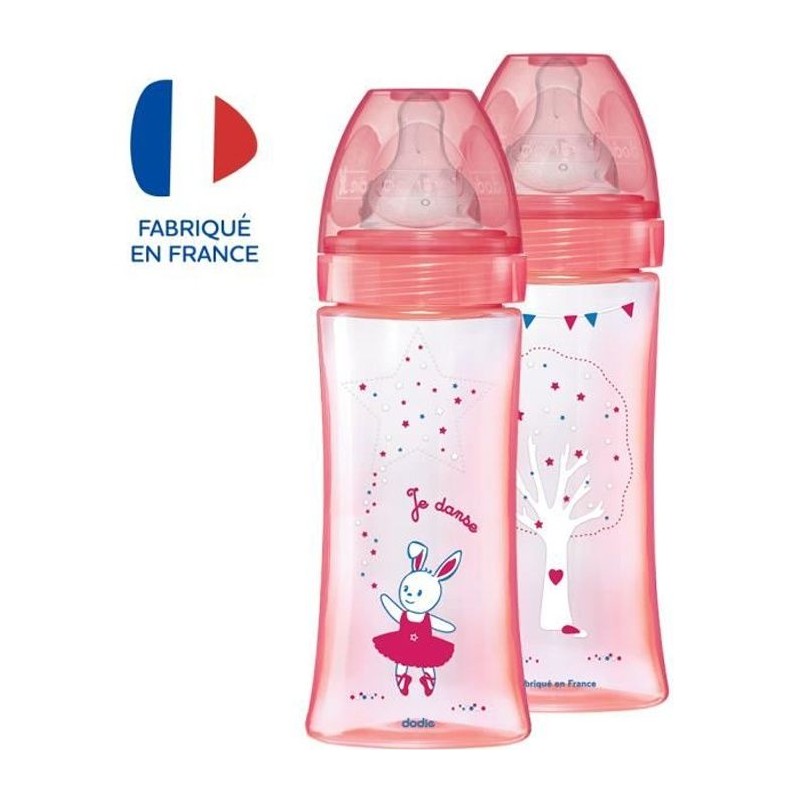 DODIE Los mit 2 Anti-Kolik-Flaschen Initiation + - 330 ml - ROSE DANCER - runde Zitzen 3 Geschwindigkeiten fließen 3