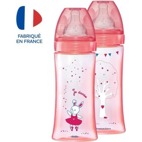 DODIE Los mit 2 Anti-Kolik-Flaschen Initiation + - 330 ml - ROSE DANCER - runde Zitzen 3 Geschwindigkeiten fließen 3