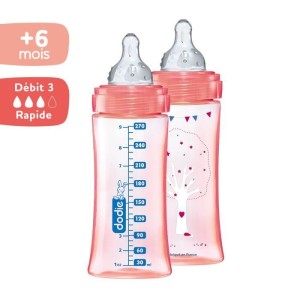 DODIE Los mit 2 Anti-Kolik-Flaschen Initiation + - 330 ml - ROSE DANCER - runde Zitzen 3 Geschwindigkeiten fließen 3