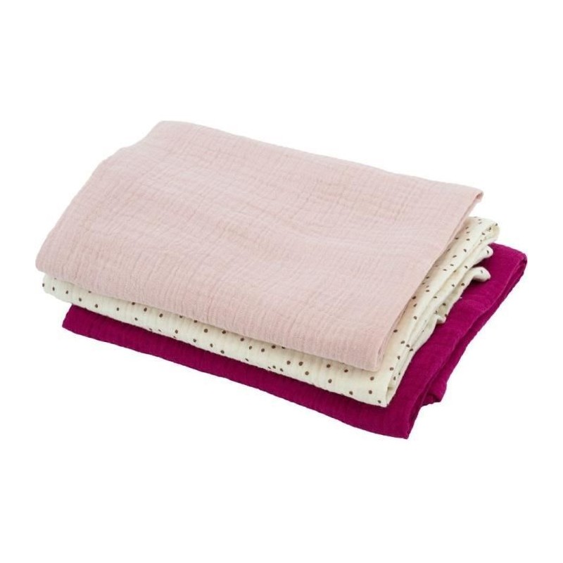 Set of 3 Bamboo swaddles - DOMIVA - 1 Printed + 2 Plain - Grenadine pink - 60x60 cm