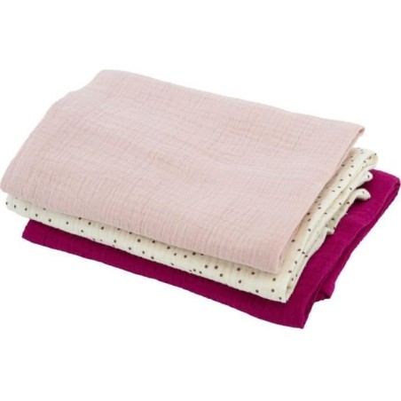 Set mit 3 Bambuswickeltüchern – DOMIVA – 1 bedruckt + 2 einfarbig – Grenadine Pink – 60 x 60 cm