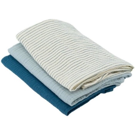 Set of 3 Bamboo swaddles - DOMIVA - 1 Printed + 2 Plain - Indigo blue - 60x60 cm