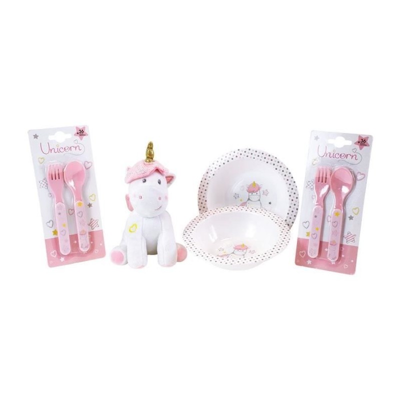 Einhorn-Geschirrset für Kinder – FUN HOUSE – 006319 – 2 Teller, 2 Bestecksets und 1 weiches Plüschtier