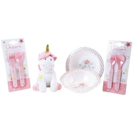 Unicorn Tableware Set for Children - FUN HOUSE - 006319 - 2 Plates, 2 Cutlery Sets and 1 Soft Plush Toy