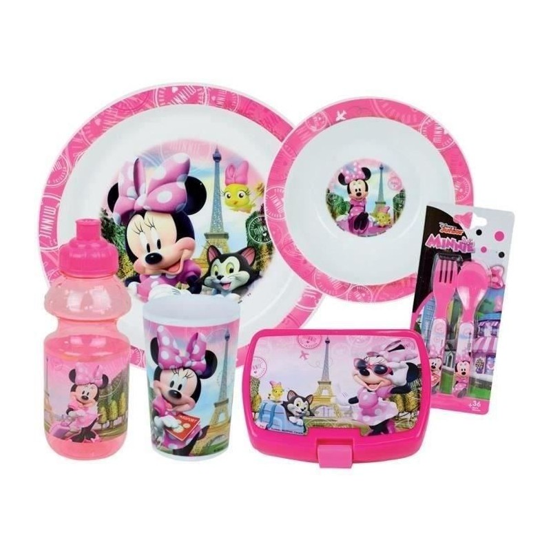 Disney Minnie Geschirrset – FUN HOUSE – 006377 – Glas, tiefer Teller, flacher Teller, Flasche, Snackbox und Besteck