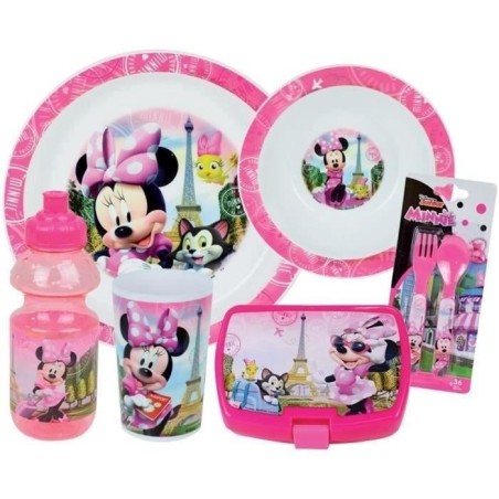 Disney Minnie Geschirrset – FUN HOUSE – 006377 – Glas, tiefer Teller, flacher Teller, Flasche, Snackbox und Besteck