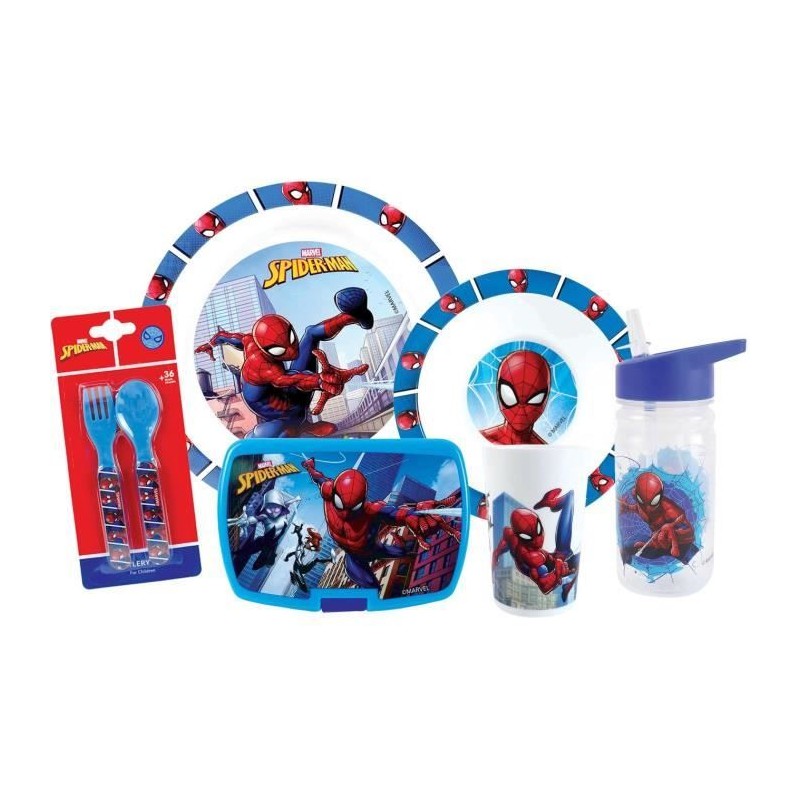 Lot vaisselle - FUN HOUSE - SPIDERMAN - Verre, assiette Ø22 cm et Ø16 cm, couverts, gourde et boite goûter