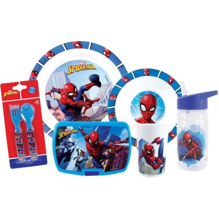 Geschirrset - FUN HOUSE - SPIDERMAN - Glas, Teller Ø22 cm und Ø16 cm, Besteck, Wasserflasche und Snackbox