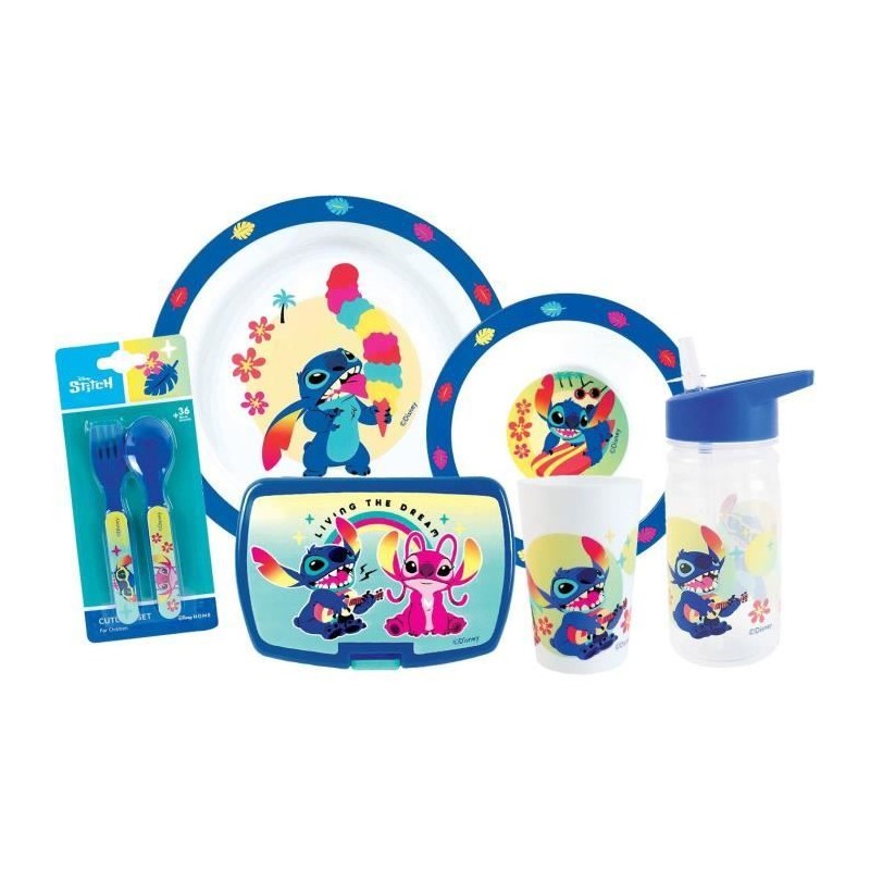Geschirrset - FUN HOUSE - STITCH AND ANGEL - Glas, Teller Ø22 cm und Ø16 cm, Besteck, Wasserflasche und Snackbox