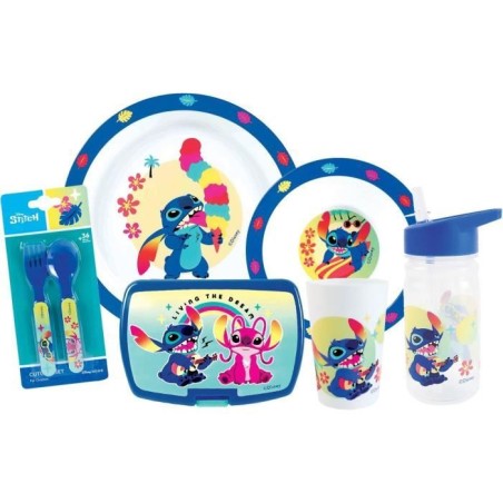 Geschirrset - FUN HOUSE - STITCH AND ANGEL - Glas, Teller Ø22 cm und Ø16 cm, Besteck, Wasserflasche und Snackbox