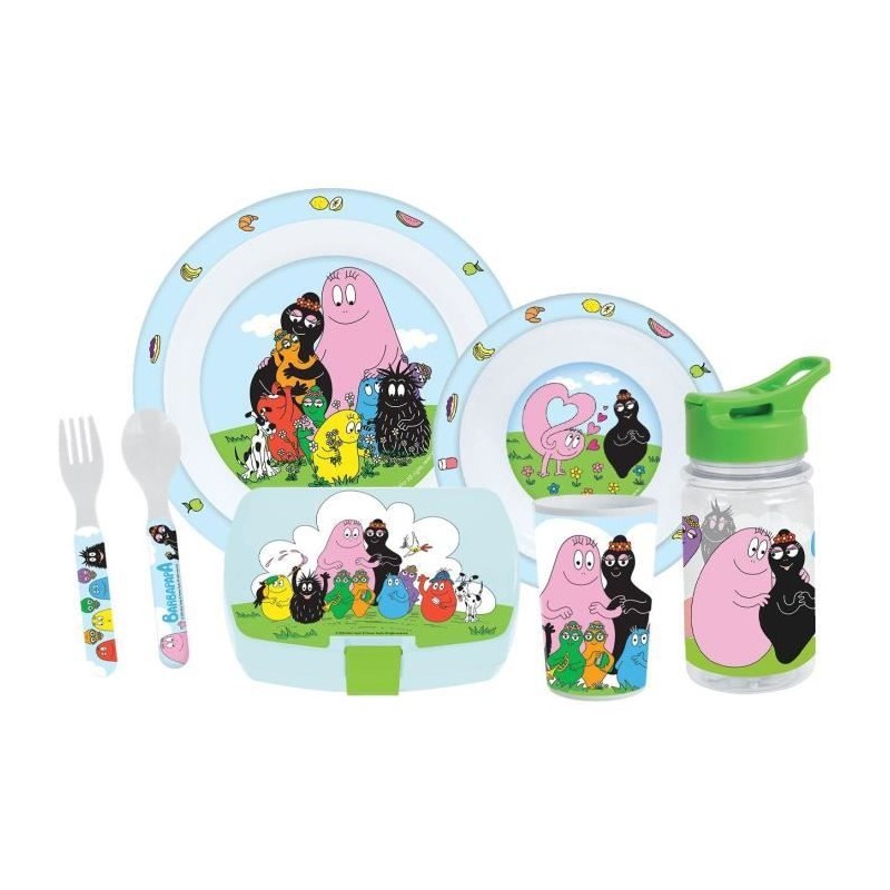 Lot vaisselle - FUN HOUSE - BARBAPAPA - Verre, assiette Ø22 cm et Ø16 cm, couverts, gourde et boite goûter