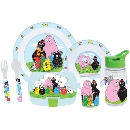 Geschirrset - FUN HOUSE - BARBAPAPA - Glas, Teller Ø22 cm und Ø16 cm, Besteck, Wasserflasche und Snackbox