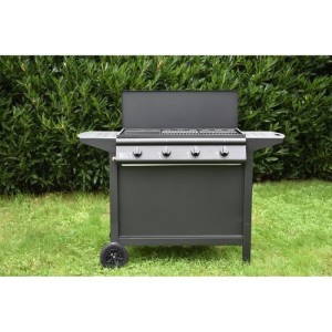 Barbecue a gaz - GRILL GARDEN - Noir - 4 brûleurs - Avec capot de protection - Allumage Piezo électrique