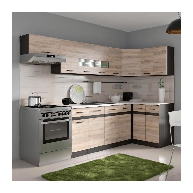 JUNONA Cuisine d'angle complete et plan de travail L 3m40 - Angle réversible - Décor chene sonoma - plan de travail inclus