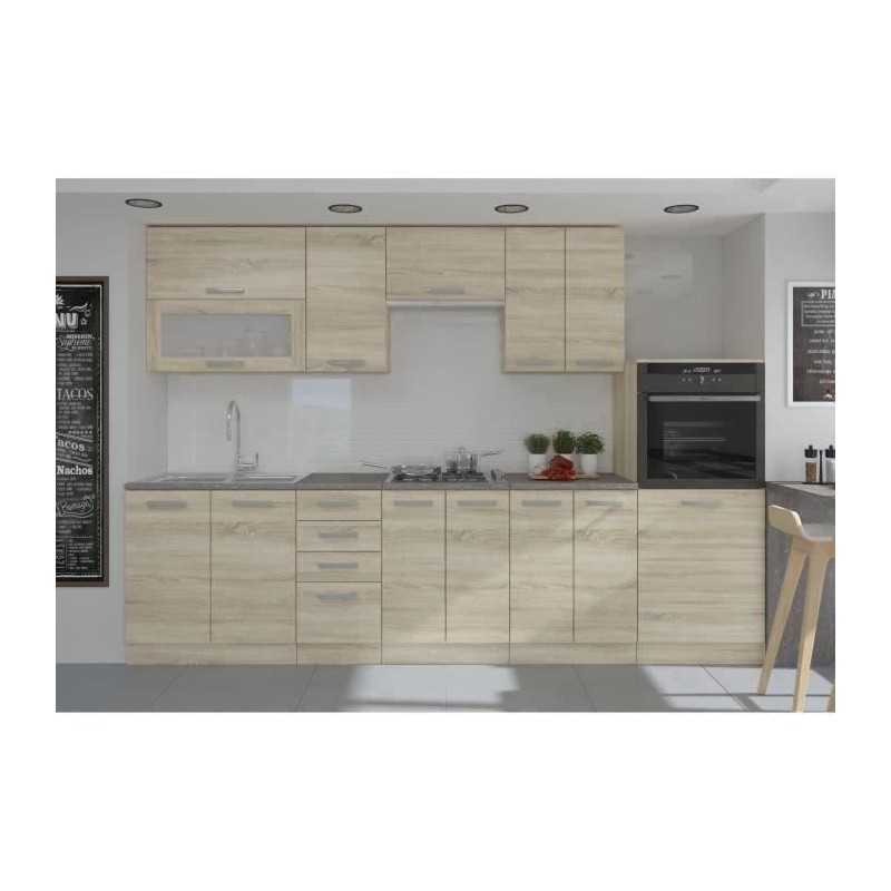 LASSEN Cuisine complete L 300 cm avec demi-colonne four et hotte - Décor chene sonoma