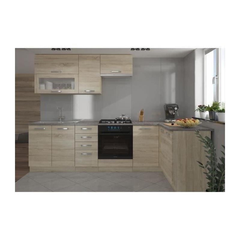 LASSEN Cuisine complete d'angle 240x165 cm avec plan de travail - Angle réversible - Décor chene sonoma