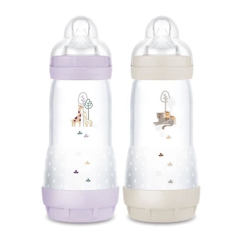 Set mit 2 Babyflaschen – MAM – Easy Start – Anti-Kolik – 320 ml – Flow 3 Sauger – Flieder + Sand