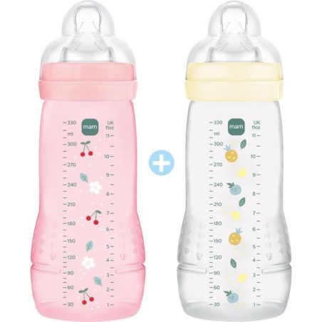 2er-Set Flaschen - MAM BABY - Easy Active - +6 Monate - 330 ml - X Flow-Sauger - Berry + Pearl