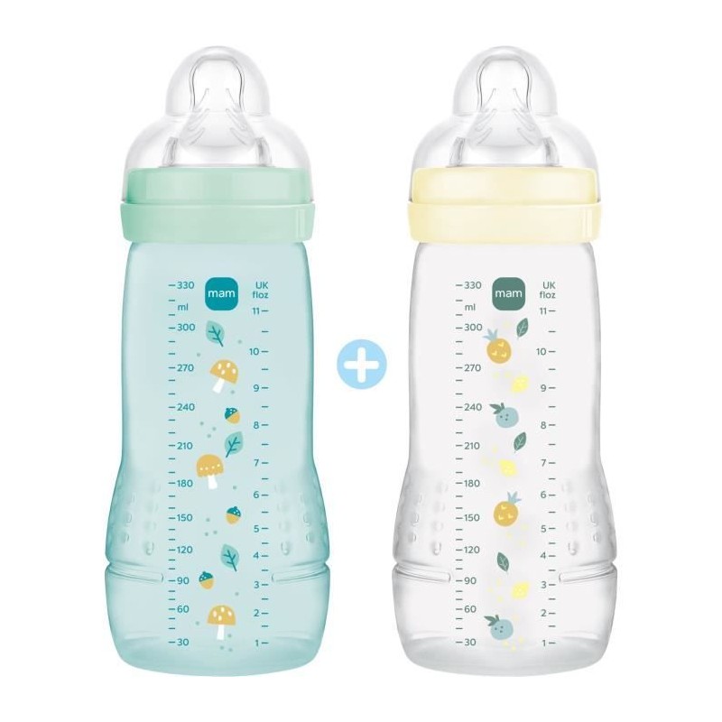 2er-Set Flaschen - MAM BABY - Easy Active - +6 Monate - 330 ml - X Flow-Sauger - Ice + Pearl