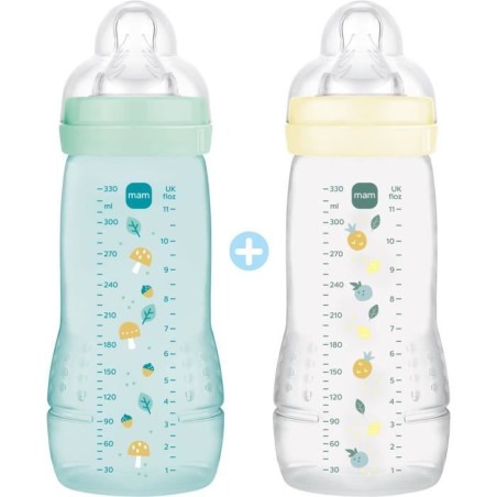 2er-Set Flaschen - MAM BABY - Easy Active - +6 Monate - 330 ml - X Flow-Sauger - Ice + Pearl