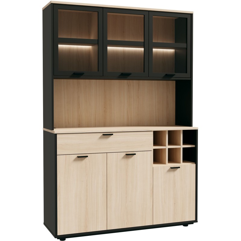 Buffet de cuisine - MANTEK - 122,8 x 41,5 x 183 cm - Chene / Noir - Style industriel - Eclairage LED inclus