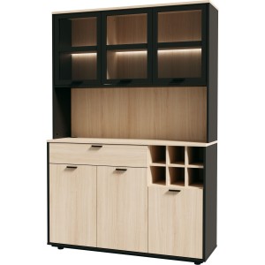 Buffet de cuisine - MANTEK - 122,8 x 41,5 x 183 cm - Chene / Noir - Style industriel - Eclairage LED inclus