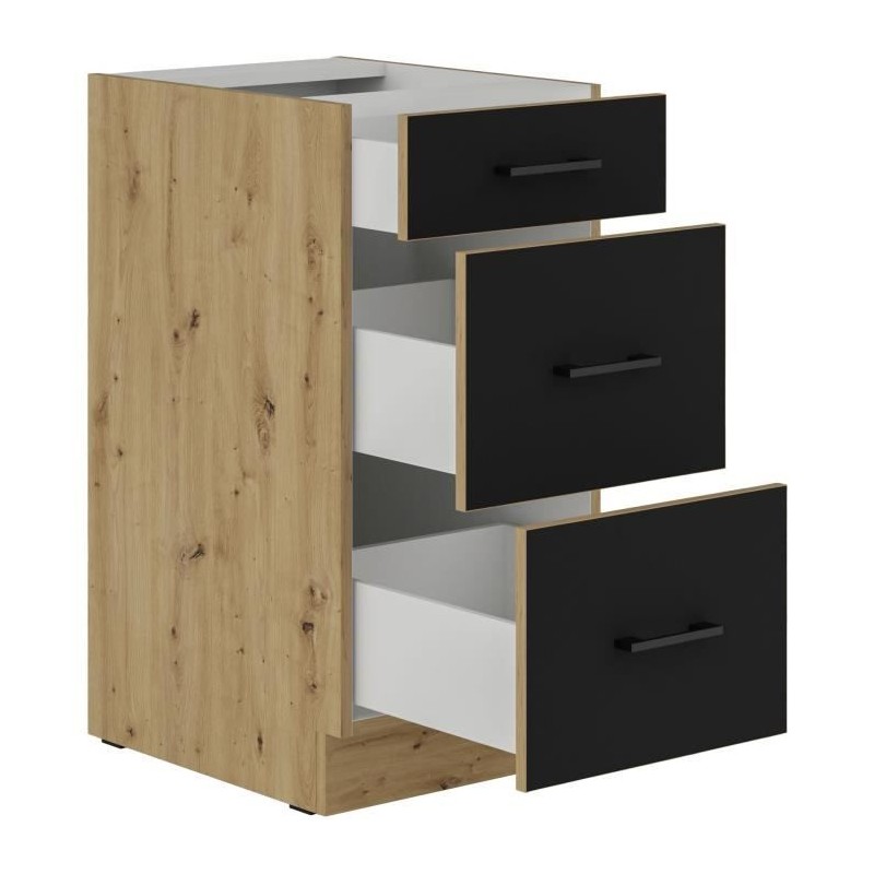 MODENA - Meuble bas casserolier - 3 tiroirs - 40 x 52 x 82 cm - Chene artisan / Noir mat - Plan de travail non inclus