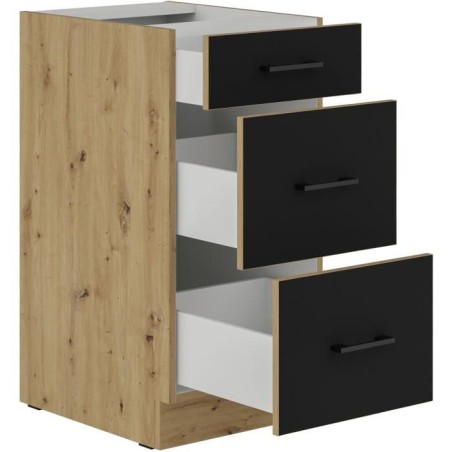 Kasserollen-Unterschrank – 40 cm – 3 Schubladen – Artisan-Eiche und Mattschwarz – CUISINIER