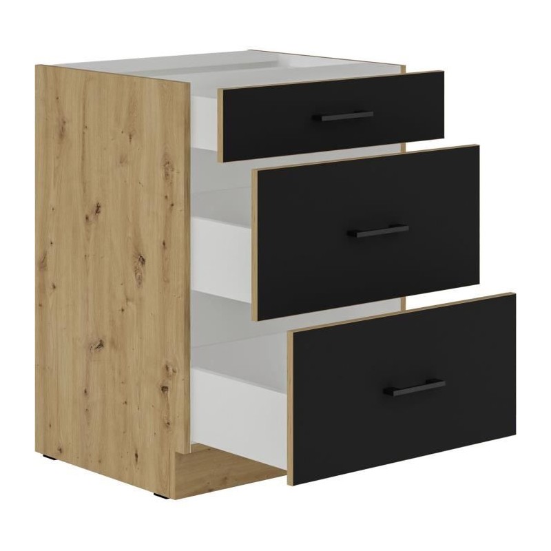Niedriger Topfschrank - MODENA - 60 cm - 3 Schubladen - Artisan-Eiche und Mattschwarz - CUISINIER