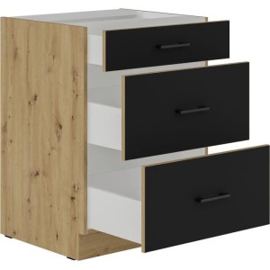 Niedriger Topfschrank - MODENA - 60 cm - 3 Schubladen - Artisan-Eiche und Mattschwarz - CUISINIER