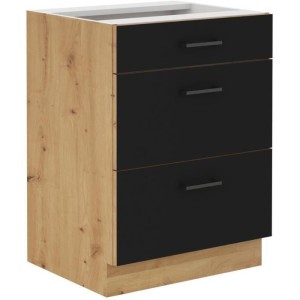 Niedriger Topfschrank - MODENA - 60 cm - 3 Schubladen - Artisan-Eiche und Mattschwarz - CUISINIER