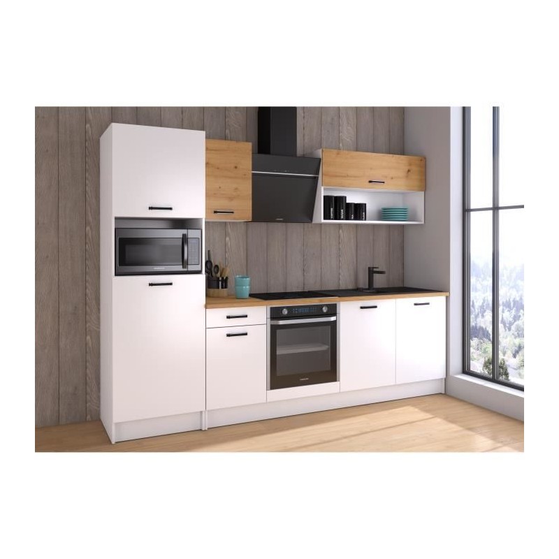 Cuisine complete PREGO - L 263 cm - Décor Blanc et Chene - Plan de travail 203 cm inclus