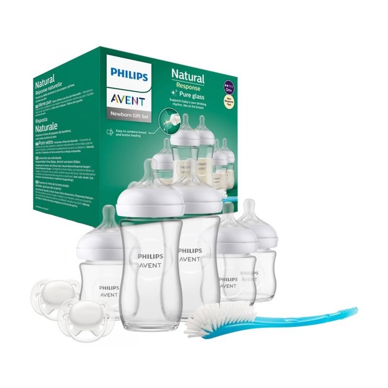 Kit nouveau-né - PHILIPS AVENT - Natural Verre 3.0 - 3 Biberons 120ml + 2 Biberons 240ml + Sucettes Ultra Douce 0-6M + Goupillo