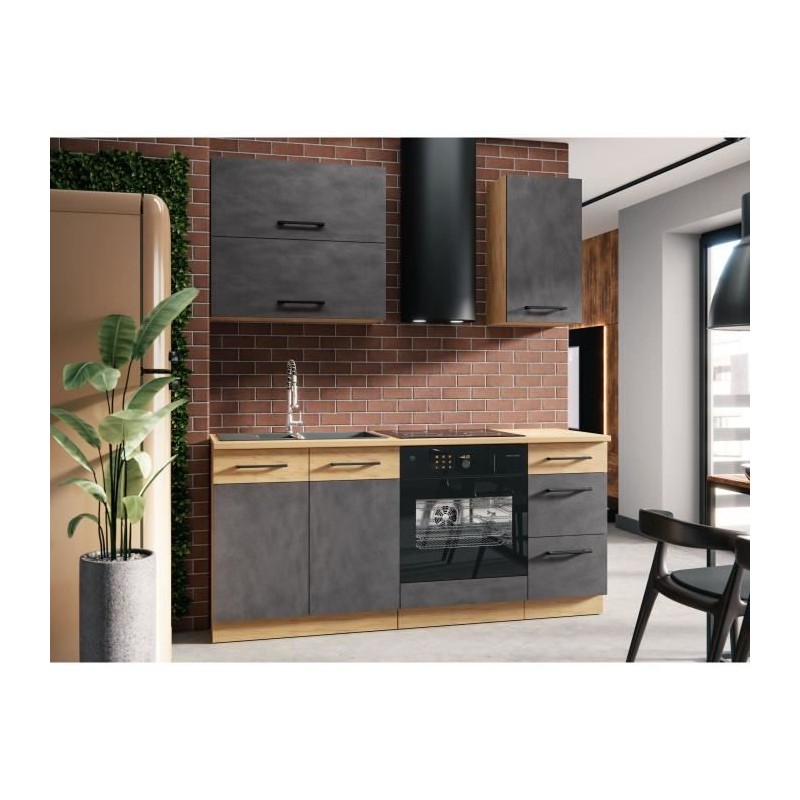 Cuisine complete ROCK L180 cm - 5 éléments + meuble four - Mélaminé décor chene lancelot et gris matera - Plan de travail n