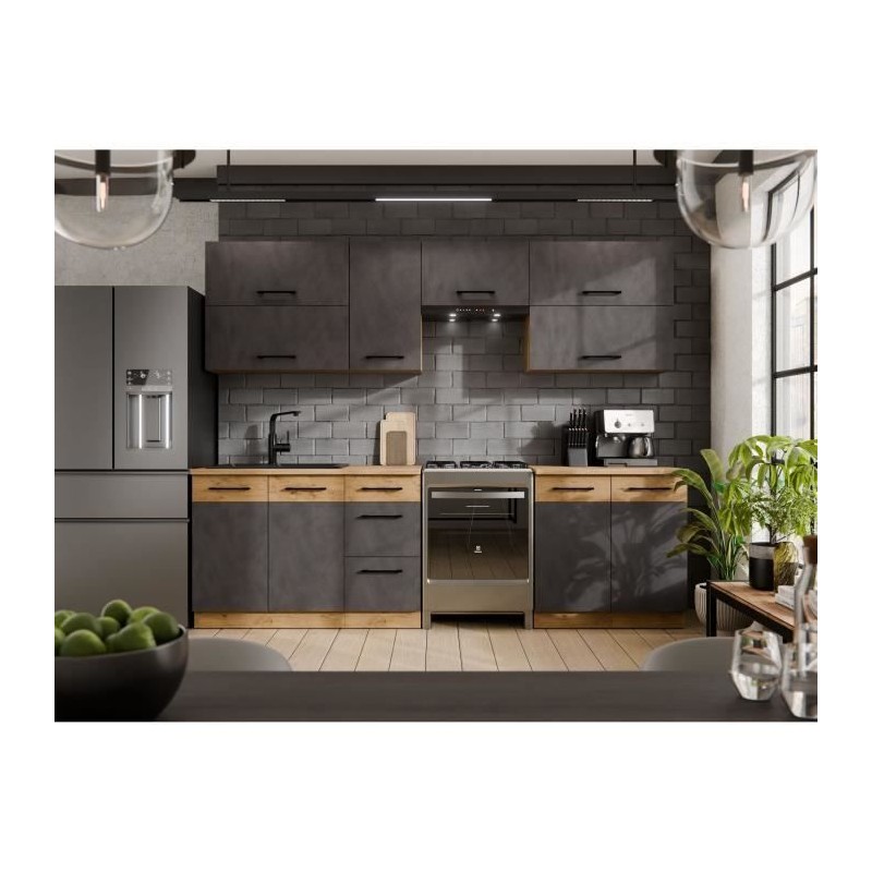 Komplette ROCK-Küche mit 7 Elementen – Lancelot-Eiche und Matera-Grau-Dekor – L260 x T 52 x H82 cm – Arbeitsplatte nicht