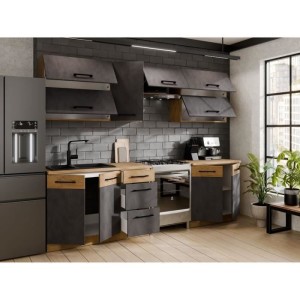 Komplette ROCK-Küche mit 7 Elementen – Lancelot-Eiche und Matera-Grau-Dekor – L260 x T 52 x H82 cm – Arbeitsplatte nicht