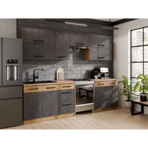 Komplette ROCK-Küche mit 7 Elementen – Lancelot-Eiche und Matera-Grau-Dekor – L260 x T 52 x H82 cm – Arbeitsplatte nicht