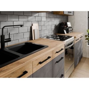 Komplette ROCK-Küche mit 7 Elementen – Lancelot-Eiche und Matera-Grau-Dekor – L260 x T 52 x H82 cm – Arbeitsplatte nicht