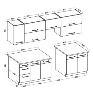 Komplette ROCK-Küche mit 7 Elementen – Lancelot-Eiche und Matera-Grau-Dekor – L260 x T 52 x H82 cm – Arbeitsplatte nicht