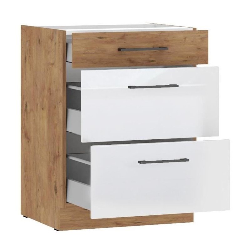 ROCK - Meuble bas casserolier - Mélaminé chene Lancelot et Blanc brillant - 60 cm - 3 tiroirs - Plan de travail non inclus