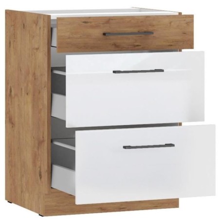 ROCK - Kasserollen-Unterschrank - Lancelot-Eiche und glänzend weißes Melamin - 60 cm - 3 Schubladen