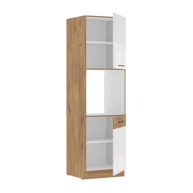 ROCK - Colonne - Mélaminé chene Lancelot et Blanc brillant - 60 cm - 2 portes