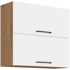 ROCK - Meuble haut - Mélaminé chene Lancelot et Blanc brillant - 80 cm - 2 portes basculantes