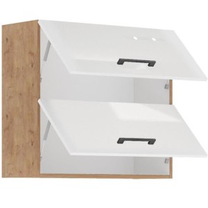 ROCK - Meuble haut - Mélaminé chene Lancelot et Blanc brillant - 80 cm - 2 portes basculantes